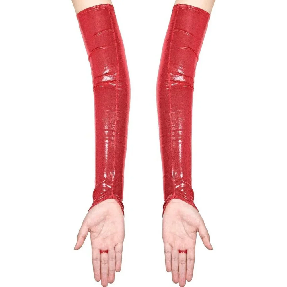Women's Red Shiny Elastic Satin Rave Fingerless Long Gloves Party Costume